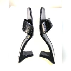 Black Mesh Leather Heeled Sandals